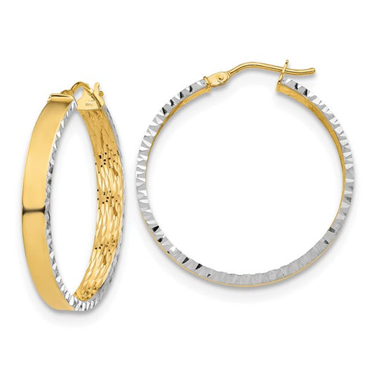 White Rhodium Polished Diamond-cut Hoop Earrings in 10K Yellow Gold