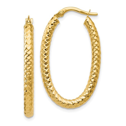 Polished and Textured Oval Hoop Earrings in 10K Yellow Gold