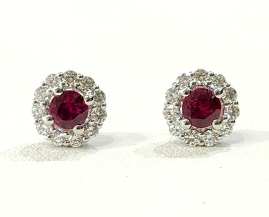 Round Ruby With Halo Stud Earrings in 14K White Gold