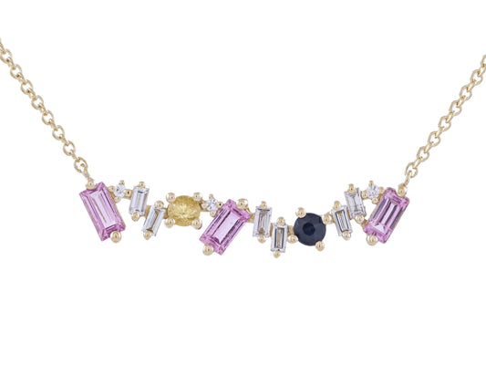 Diamond and Sapphire Staggered Multi-Stone Necklace in 14KT Yellow Gold