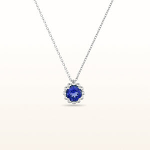 Round Sapphire Beaded Halo Pendant in 14kt White Gold