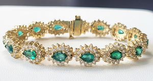 Pear Emerald and Diamond Halo Bracelet in 14kt Yellow Gold