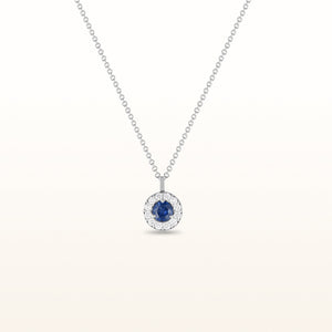 6.0 mm Blue Sapphire and Diamond Margarita-Style Halo Pendant in 14kt White Gold