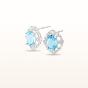Oval Gemstone Open Lace Halo Earrings with Diamond Accents in 925 Sterling Silver