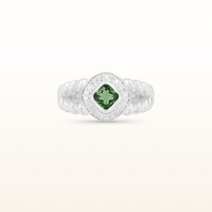 Kite-Set Cushion Cut Gemstone Rope Style Ring with Diamond Halo in 925 Sterling Silver