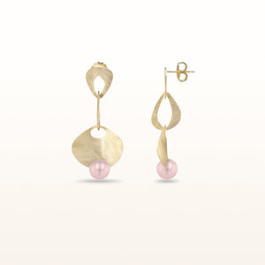 Pearl or Gemstone Wire Brushed Dangle Earrings in Yellow Gold Plated 925 Sterling Silver