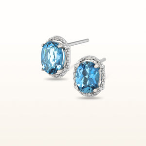 Oval Gemstone and Diamond Earrings in 925 Sterling Silver