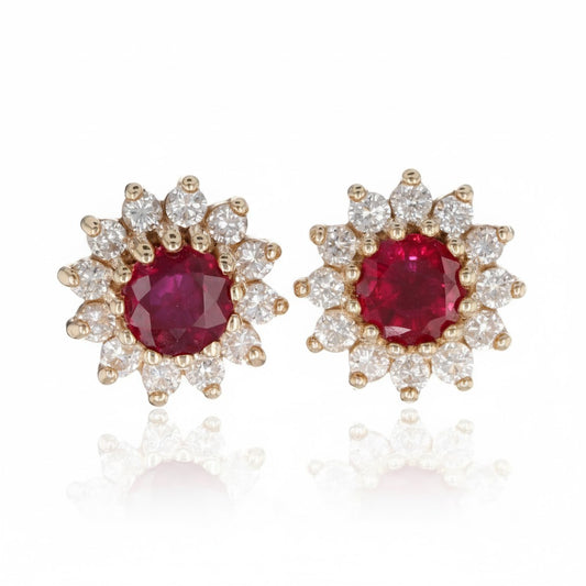 Round Ruby and Diamond Sunflower Earrings in Yellow Gold