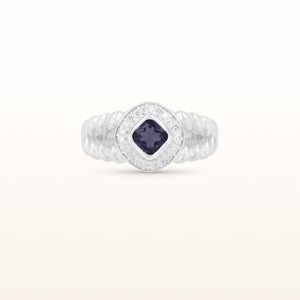 Kite-Set Cushion Cut Gemstone Rope Style Ring with Diamond Halo in 925 Sterling Silver