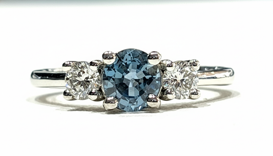 Round Diamond and Blue Zircon Three-Stone Ring in 14K White Gold