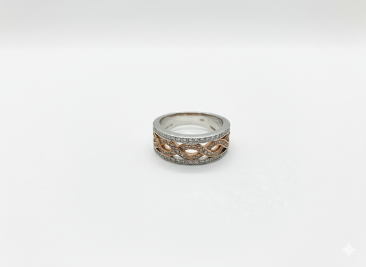 Open Style Pink and White Diamond Crossover Ring in 14K White and Rose Gold