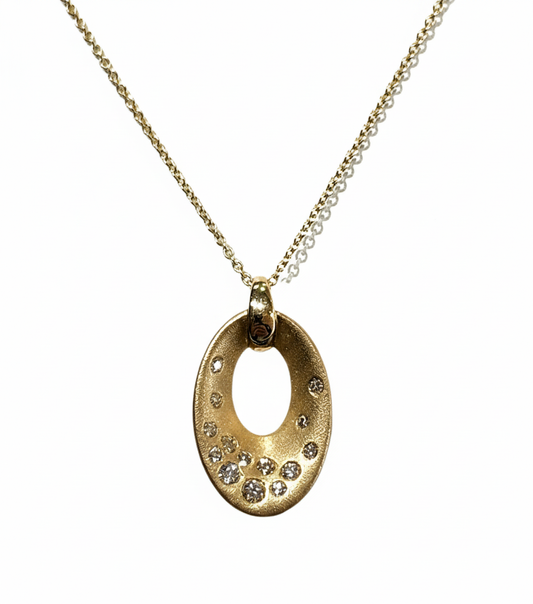 Satin Finish Oval Diamond Pendant in 14kt Yellow Gold