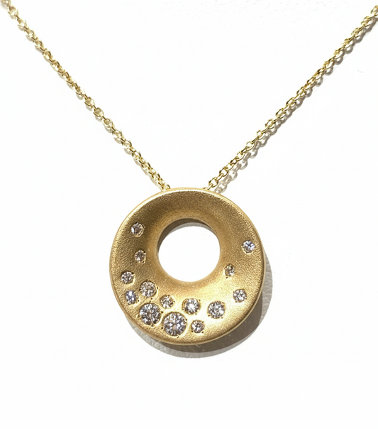 Satin Finish Round Diamond Circle Pendant in 14kt Yellow Gold