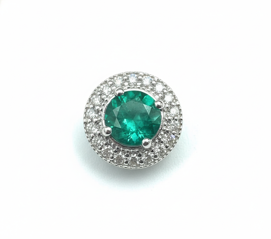 Emerald and Diamond Halo Pendant in 14K White Gold