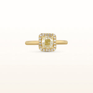 Fancy Yellow Cushion Cut Diamond Halo Ring in 18kt Yellow Gold