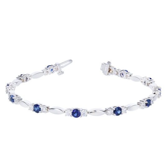 Round Blue Sapphire and Diamond 3-Stone Marquise Link Bracelet in 14kt White Gold