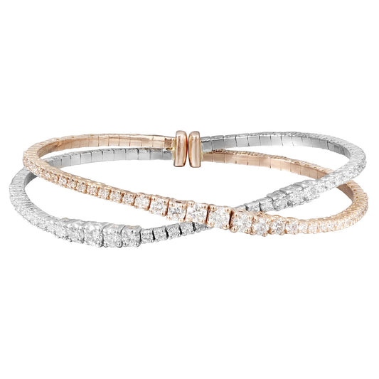 Graduated Diamond Crossover Flexible Cuff Bracelet in 14kt Yellow and White Gold