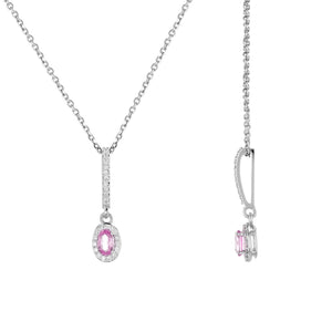 Oval Pink Sapphire and Diamond Halo Drop Pendant in 14kt White Gold