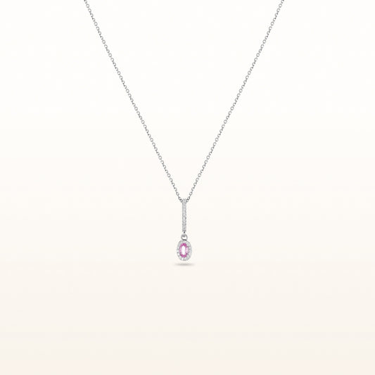Oval Pink Sapphire and Diamond Halo Drop Pendant in 14kt White Gold