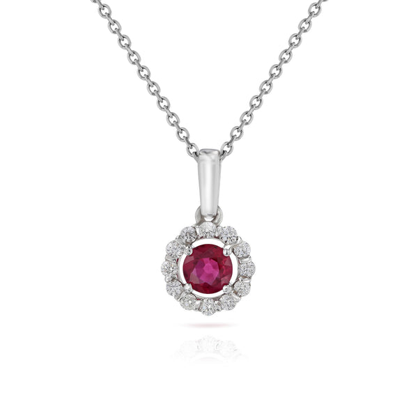 Round Ruby and Diamond Halo Pendant in 14kt White Gold