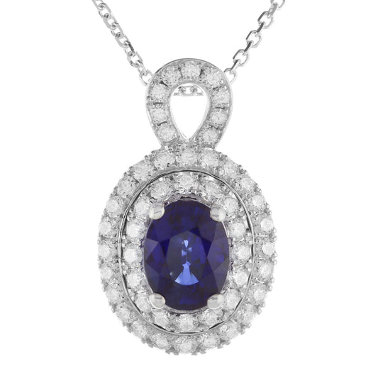 Oval Blue Sapphire and Diamond Double Halo Pendant in 18kt White Gold