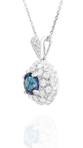 Blue Sapphire and Diamond Scalloped Halo Pendant in 18K White Gold