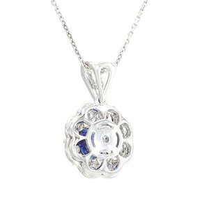 Blue Sapphire and Diamond Scalloped Halo Pendant in 18K White Gold