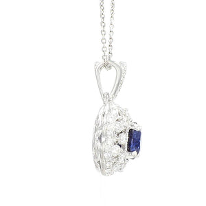 Blue Sapphire and Diamond Scalloped Halo Pendant in 18K White Gold