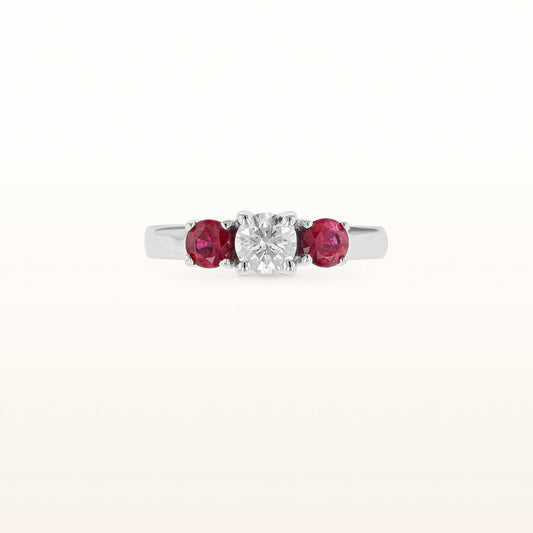 Diamond & Ruby Three Stone Ring in 14K White Gold