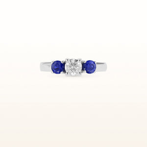 Round Diamond and Blue Sapphire Three-Stone Ring in 14K White Gold