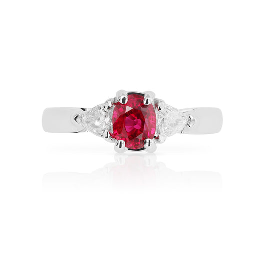 Oval Ruby and Trillion Diamond Three-Stone Ring in 14kt White Gold