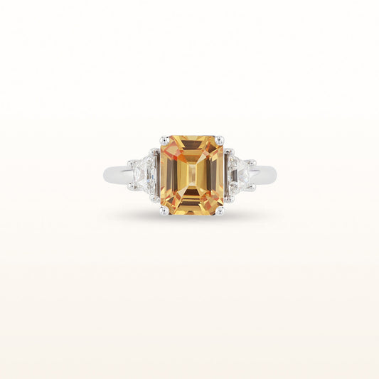 Emerald Cut Yellow Sapphire and Trapezoid Diamond Ring in 14kt White Gold