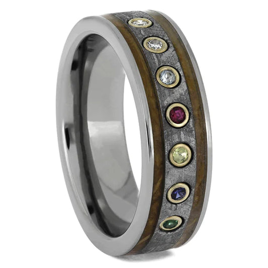 Multi-Stone Meteorite And Whiskey Barrel Wood Ring