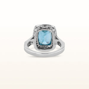 Radiant Cut Blue Zircon and Diamond Halo Ring in 18kt White Gold