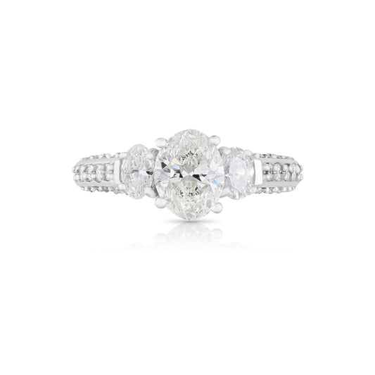 Setting for 3 Stone Oval Diamond  Ring with Melee in 18k White Gold