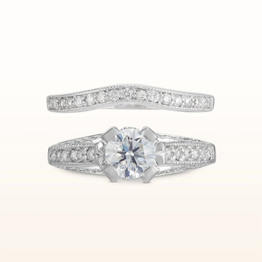 2.05 ctw Round Diamond Milgrain Engagement Ring and Wedding Band Set in 14kt White Gold