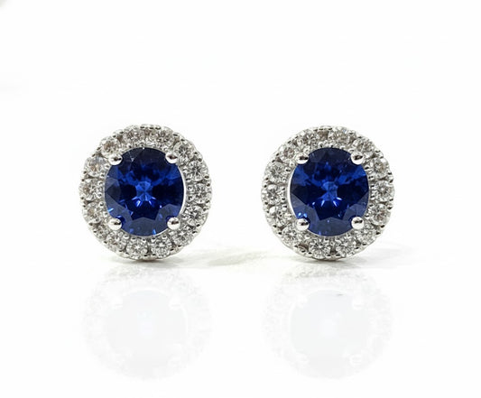 14k White Gold Blue Sapphire with Diamond Halo Studs