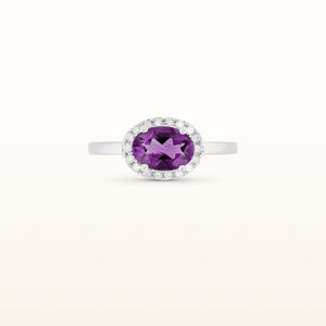 Horizontal Gemstone and Diamond Halo Ring