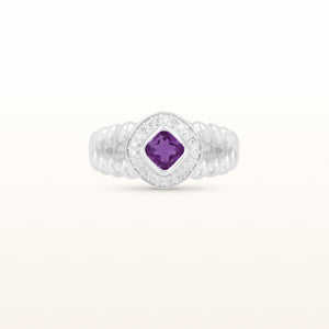 Kite-Set Cushion Cut Gemstone Rope Style Ring with Diamond Halo in 925 Sterling Silver