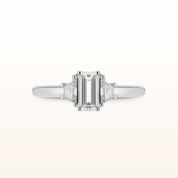 Emerald and Trapezoid Cut Three-Stone Diamond Ring in 14kt White Gold