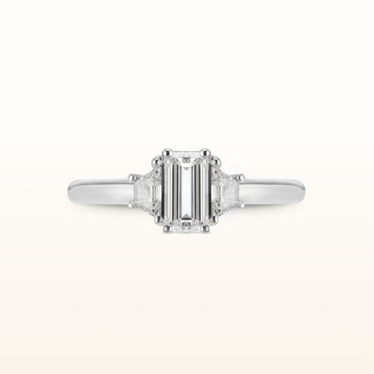 Emerald and Trapezoid Cut Three-Stone Diamond Ring in 14kt White Gold