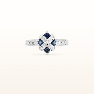 Square Sapphire and Diamond "X" Ring in 14kt White Gold