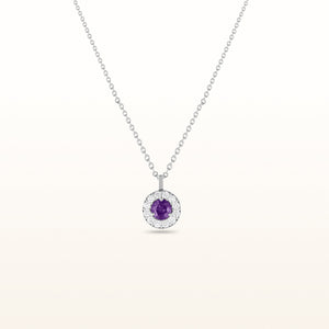 Round 4.2 mm Amethyst and Diamond Margarita Halo Pendant in 14kt White Gold