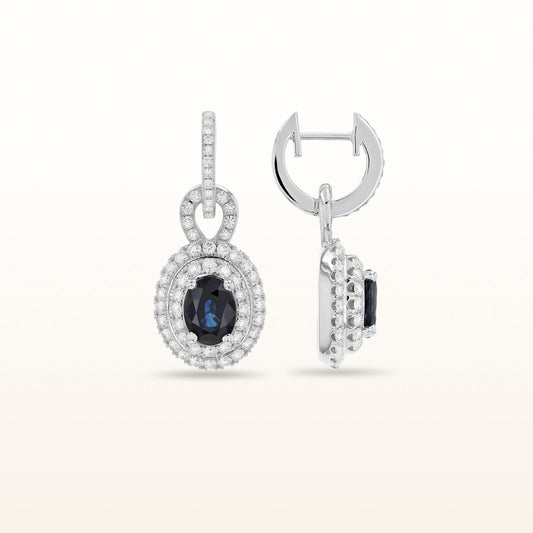 Oval Blue Sapphire and Diamond Double Halo Drop Earrings in 18kt White Gold