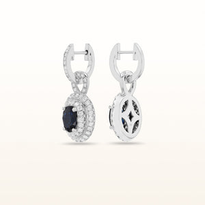 Oval Blue Sapphire and Diamond Double Halo Drop Earrings in 18kt White Gold