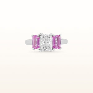 Radiant Cut Diamond and Pink Sapphire Three-Stone Ring in 14kt White Gold