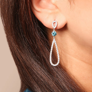 Round Blue Zircon and Diamond Teardrop Dangle Earrings in 14kt White Gold