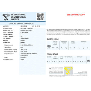 0.76 Carat J Color VS2 Clarity IGI Certified Natural Round Brilliant Cut Diamond