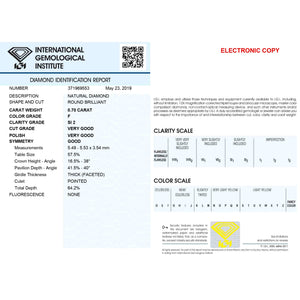 0.70 Carat F Color SI2 Clarity IGI Certified Natural Round Brilliant Cut Diamond