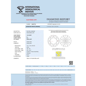 1.54 Carat J Color SI1 Clarity IGI Certified Natural Ideal Round Brilliant Cut Diamond